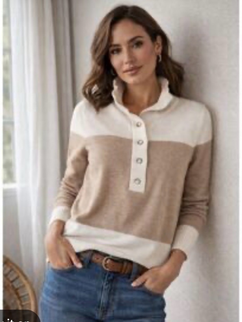 Eddie Bauer L Cream-tan cowl neck 1/2 button modern chic cotton blend swester - Picture 1 of 14